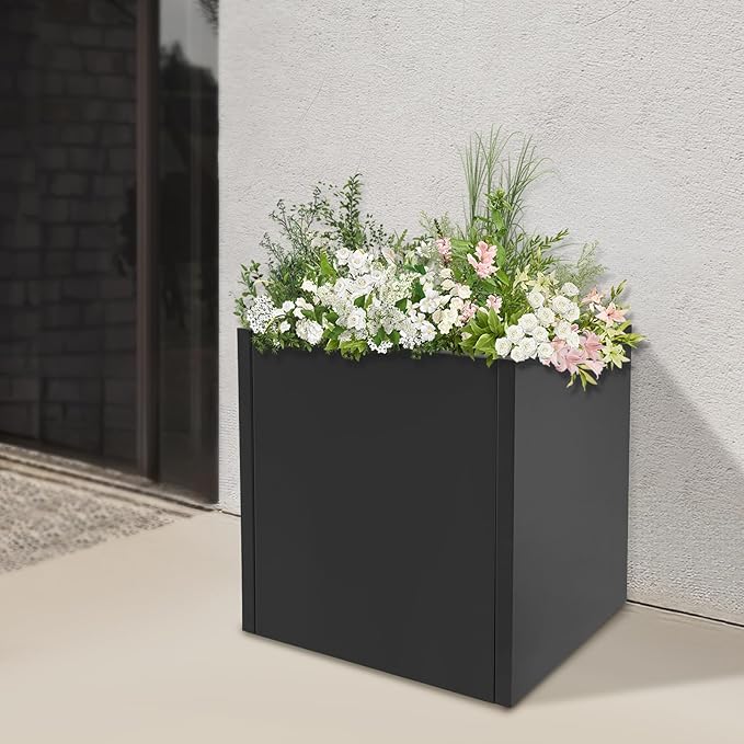 20 & 24 &17 Inch Square Steel Planter Box with Drainage - Modern Tall Cube Planters for Indoor & Outdoor Use,Large Contemporary Flower Pot for Patio, Garden, Deck & Houseplants (Black, 17Inch)