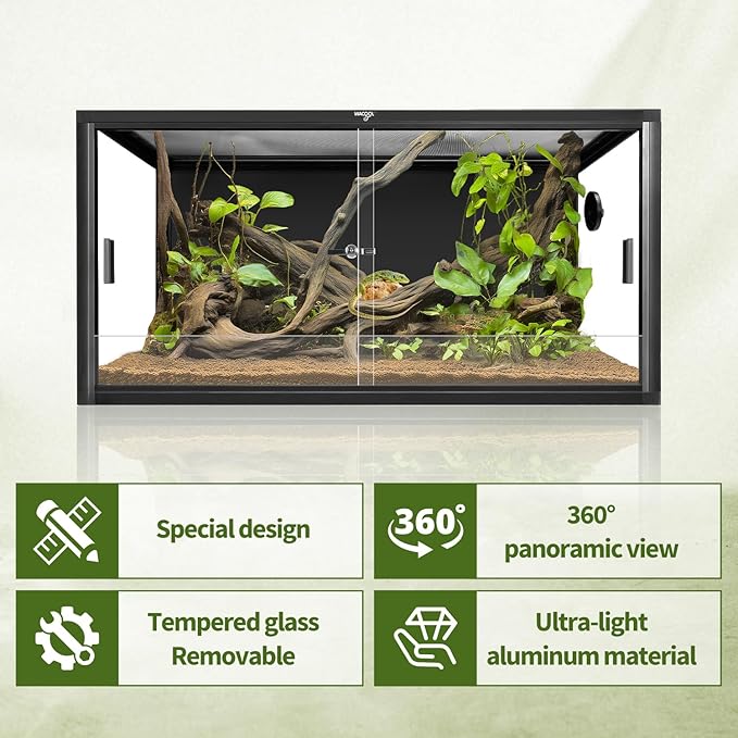 Wacool Terra 50 Gallon Reptile Tank, Large Terrarium for Bearded Dragons, Snakes, Leopard Geckos, Sliding Door & Top Ventilation, 36" x 18" x 18" Easy-to-Maintain Reptile Enclosure