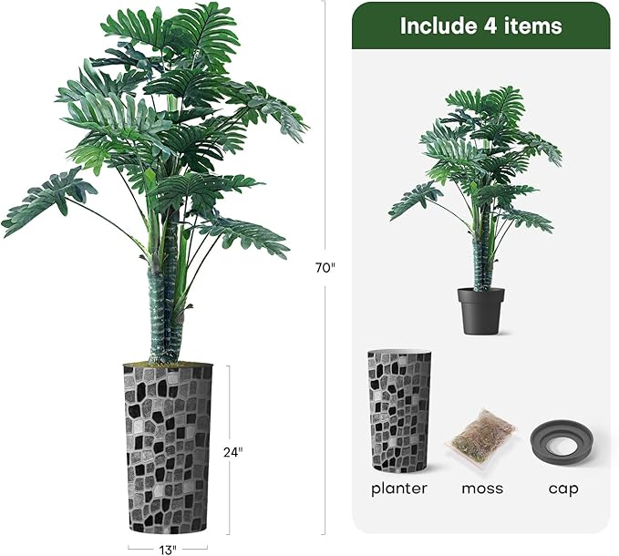 Artificial Tree in Modern Geometric Pattern Planter, Fake Philodendron Tree Silk Tree for Indoor and Outdoor Home Decoration - 70" Overall Tall (Plant Pot Plus Tree)