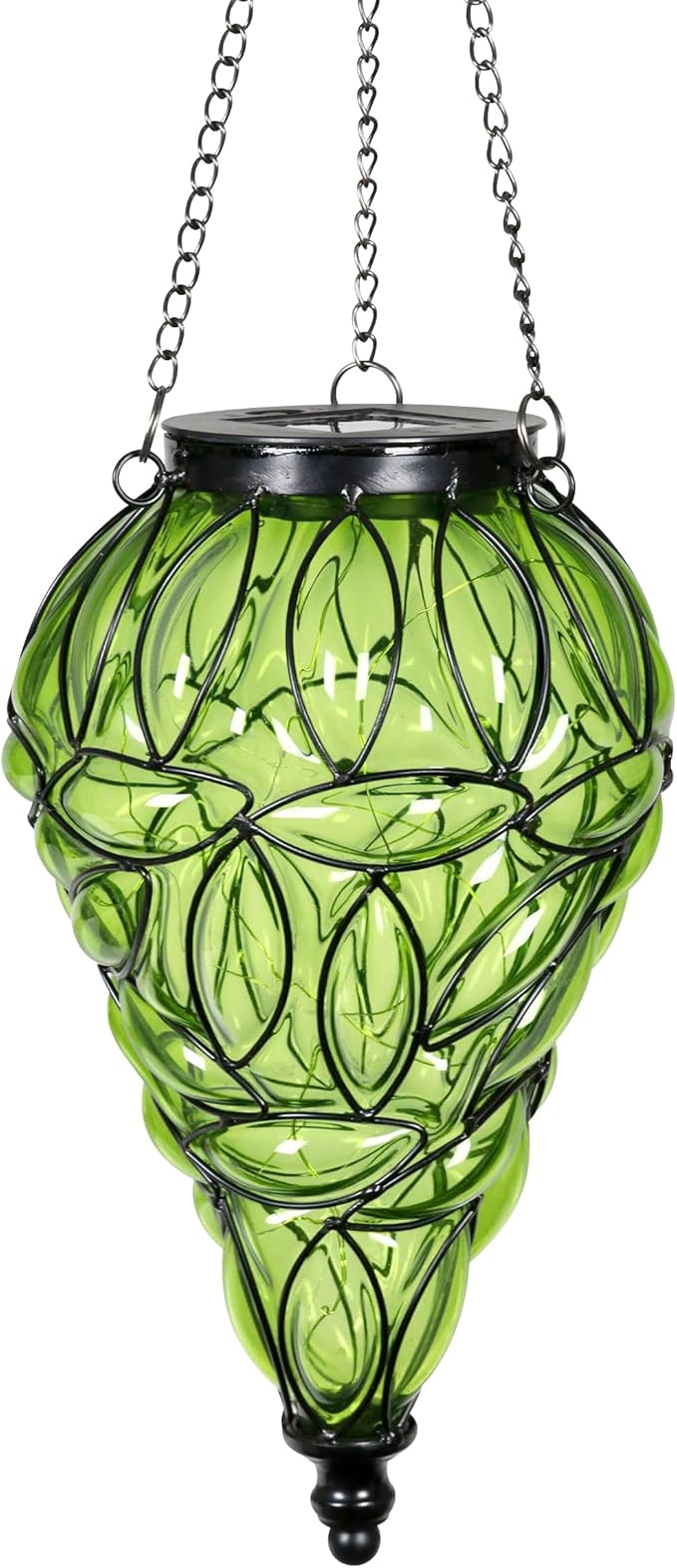 Naboher Solar Hanging Lantern Outdoor Garden Lights, Tear-Shaped Glass and Metal Hanging Lantern, 15 Firefly LED Lights, 7 x 24 Inch,(Green)