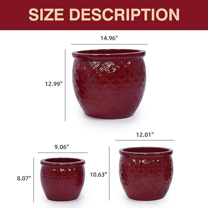 Tiered Ceramic Planter Set with Drainage Hole, 3-Piece (9/12/15 Inch) Indoor & Outdoor Flower Pots for Plants, Modern Planters for Patio, Balcony, Garden-Red