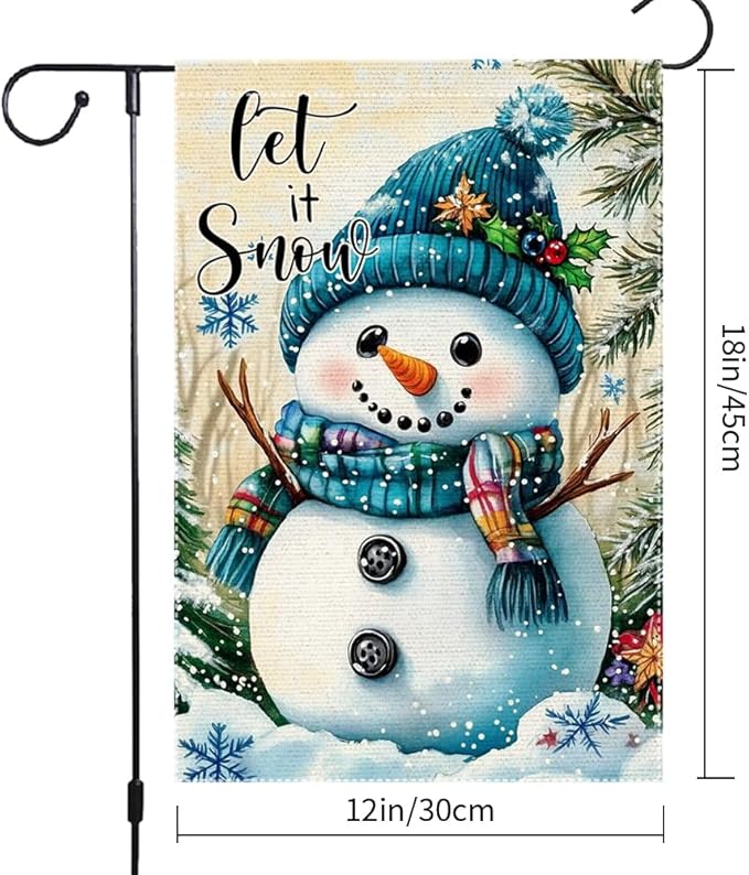 Snowman Garden Flag 12x18 Inch Double Sided Burlap Winter Let It Snow Outdoor Yard Flag Holiday Christmas Seasonal Welcome Banner for House Lawn Porch Small Decorations