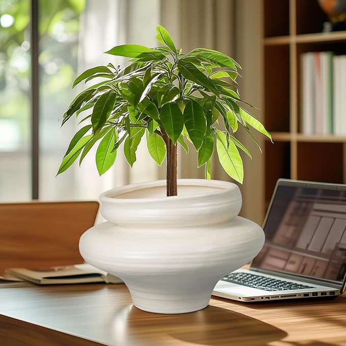 Teagas Ceramic Plant Pots 11 Inch - Bonsai Large Planters for Indoor Plants with Drainage Hole, White Planter for Home Garden Patio Office, Gift for Women Men
