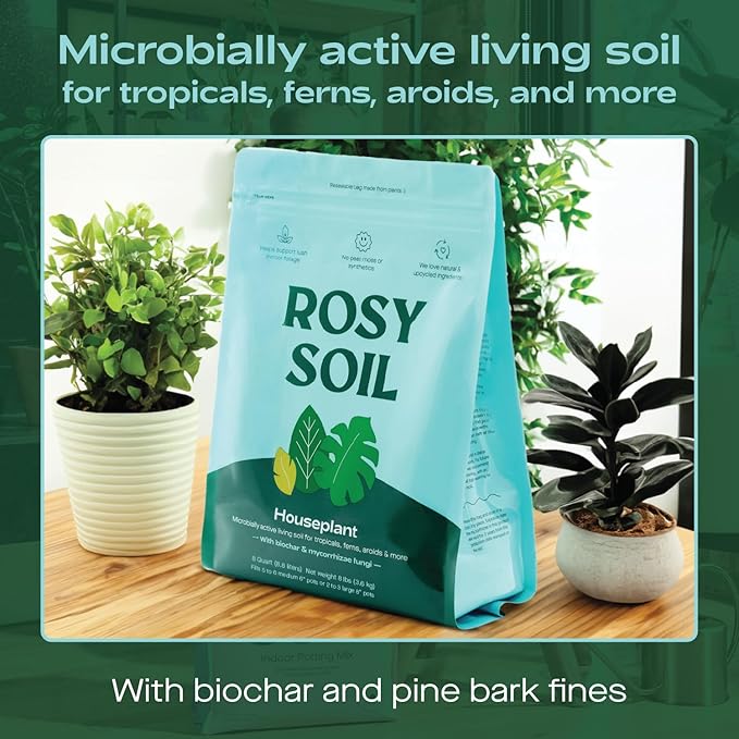 Rosy Soil Biochar Booster 8qt + Indoor Potting Mix 8qt for Houseplant - Peat Free Organic Living Soil with Worm Castings, Mycorrhizae, Pine Bark Fines - Fast Draining, Root Boosting Biochar Supplement