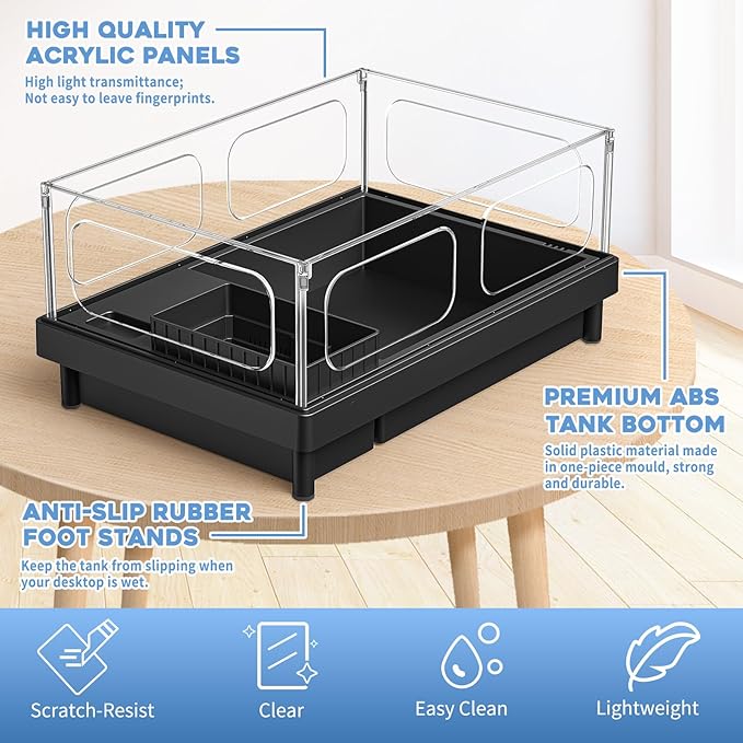 MoonOrange Small Turtle Tank, Aquarium, Acrylic Terrarium with Basking Platform, Bottom Drainage, Multi-Function Areas for Turtles, Crabs, Crayfish, Reptiles.(Black+Filter)