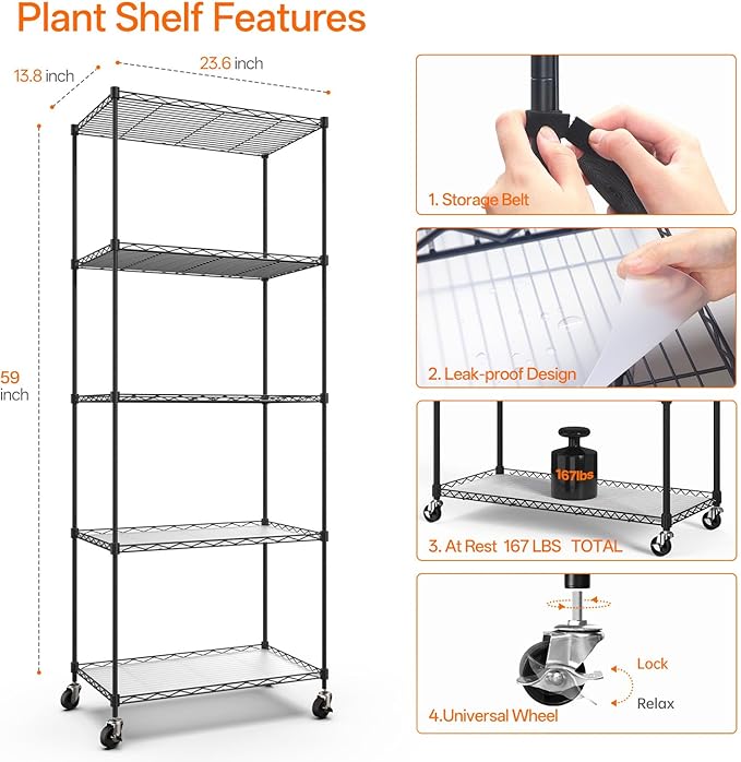 Bstrip Plant Shelf with Grow Light, 5-Tier, Metal Plant Stand with Timer, Adjustable Rack & Wheels, 4 Pack T8 Full Spectrum Grow Light for Indoor Plant, Seed Starting, Seed Tray, 23.5"x13.8"x 59"