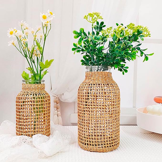 MDEOOSKY Straw Woven Glass Vase 7.87''x1.96''x4.13''Boho Glass Flower Vase Country Rustic Style Vase Glass Vase for Floral Arrangements Bottle Height (B Style 7.87IN)