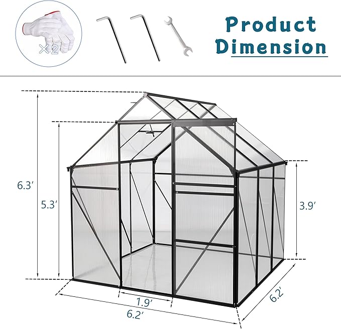 Favfurish 6x6 FT Polycarbonate Walk-in Greenhouse, All Season Garden Green Houses, Aluminum Hot House w/ Raised Base, Adjustable Vent Roof & Sliding Door for Outdoor Backyard, Black