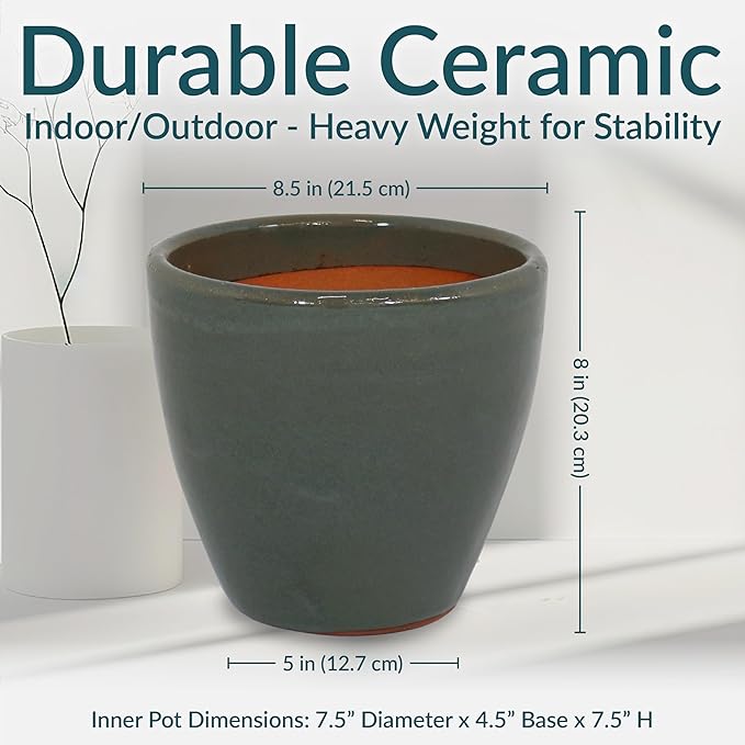Sunnydaze Resort Round Ceramic Planter - Set of 2 Indoor or Outdoor Plant Pots with Drainage Hole - 8" - Gray Glaze