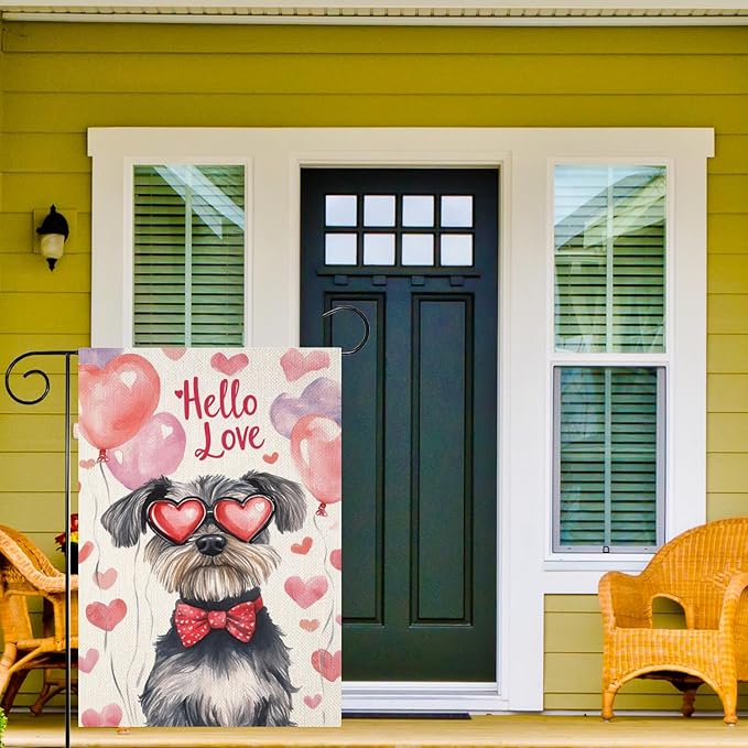 Valentine's Day Schnauzer Hello Love Garden Flag, House Yard Plaid Love Heart Outside Decoration, Spring Holiday Wedding Anniversary Outdoor Small Decor 12x18(12619)