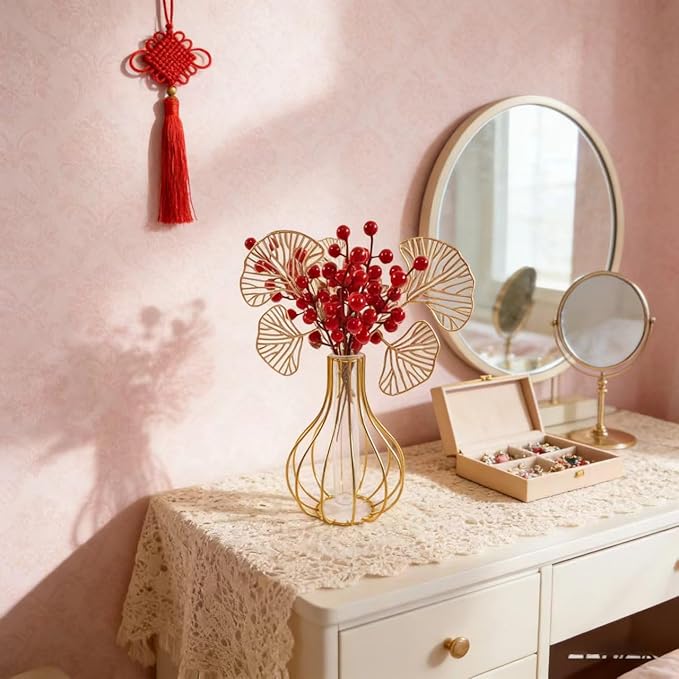 KYMY 2026 Chinese Vietnamese New Year Artificial Fortune Tree Branches, Red Lucky Berry Floral Arrangement, Asian Lunar New Year Tabletop Centerpiece for Spring Festival Desktop Decorations
