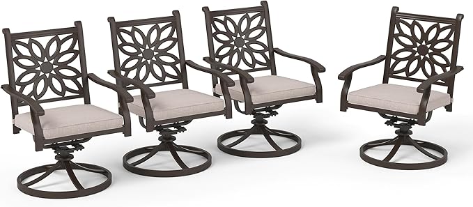 PHI VILLA Cast Aluminum Outdoor Patio Swivel Dining Chairs, Extra Wide Armrest Chairs with Seat Cushion, Casting Aluminum Back for All Weather, Set of 4