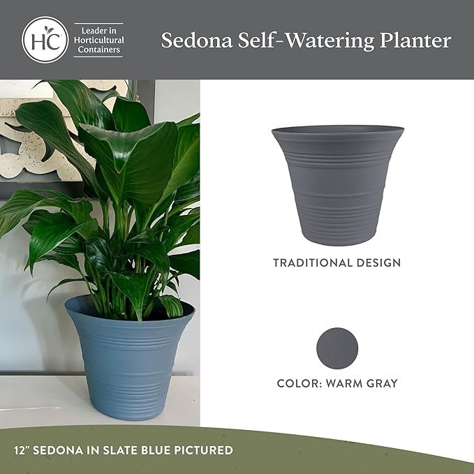 The HC Companies Sedona Round Self-Watering Pot - Lightweight Self Care Planter - Plastic Planter for Herbs & More - Durable Plant Pots for Indoor Plants & Outdoor Plants (7" Warm Gray, Pack of 1)