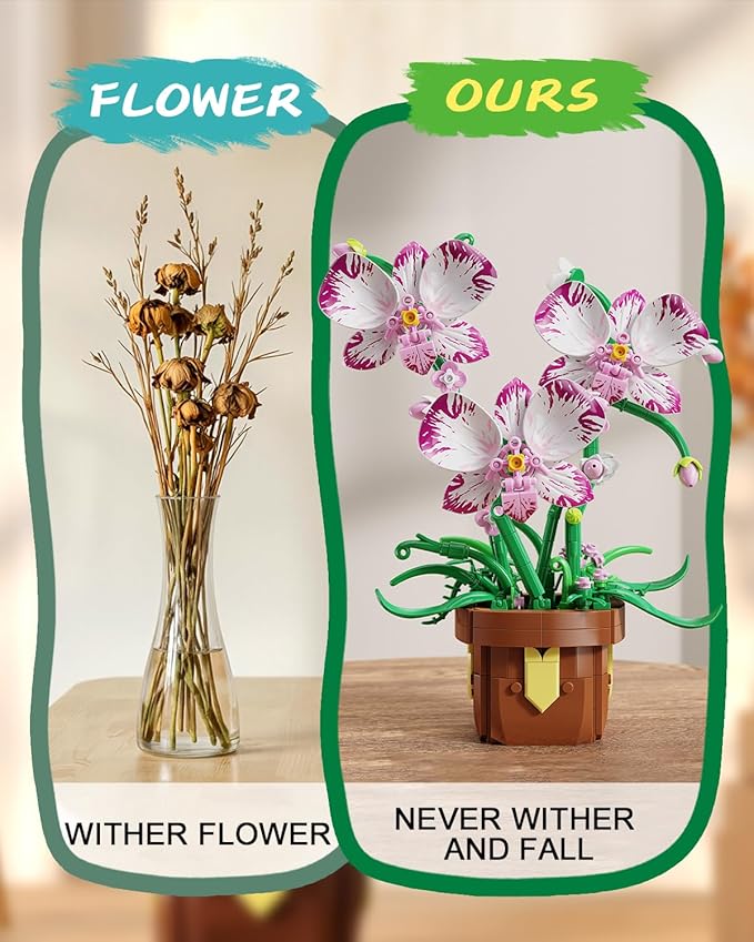 Flowers Botanicals Orchid Building Set - Artificial Flower Building Blocks for Adult Women, Bonsai Plants Indoor Home Office Desk Decor Christmas Birthday Gift for Adults Kids Girls 6-12 (323 PCS)