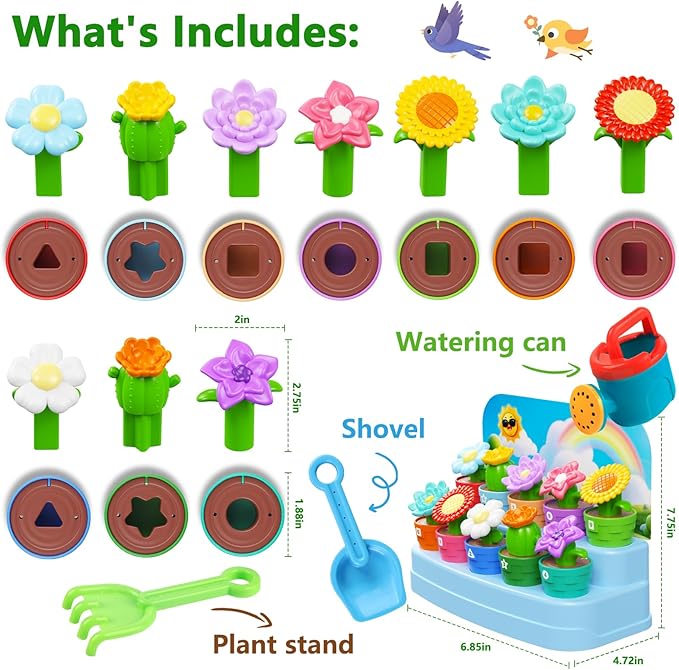 Montessori Toys Flower Garden Toy Set with Watering Can, Shovel, Rake, Color & Shape Sorter Toy, Educational Activity Preschool Learning Toys, Gift for Baby Toddler Girls 1 2 3 4 Year Old 10 PCS