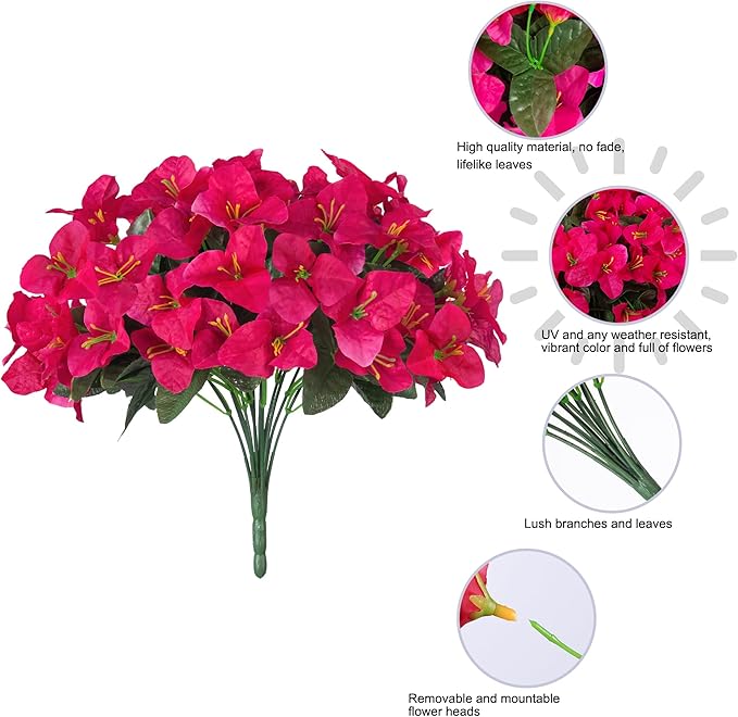 Ivydale Artificial Flowers for Outdoors Spring Summer Decor, 4 Bundles Fake Bougainvillea Silk Flowers for Outside Faux Outdoor Plants UV Resistant Realistic for Planter Patio Porch Balcony, Hotpink