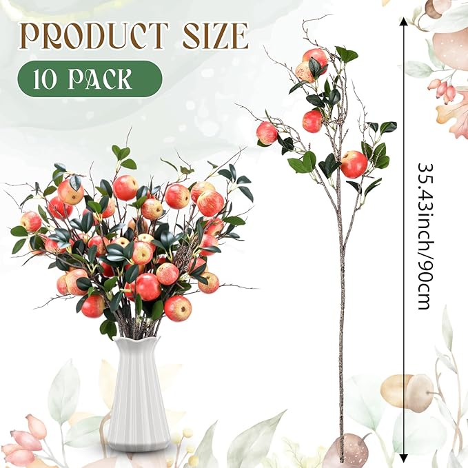 10 Pcs 35.43 Inches Artificial Branches Fake Apple Realistic Tall Apple Bouquets Tree Branch with Long Stem and Green Leaves Fruit Plant for Home Office Vase Filler Shop Decoration