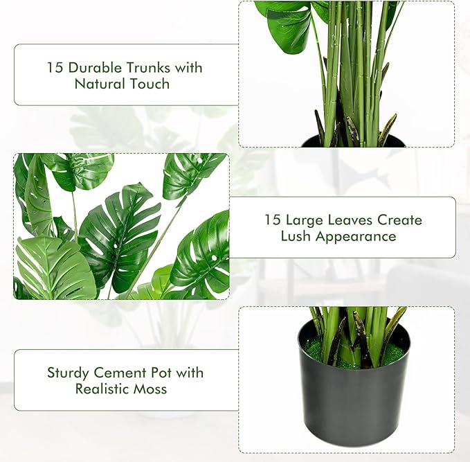 Goplus Artificial Monstera Deliciosa Plant, 5ft Tall Fake Tropical Palm Tree w/15 Pcs Different Turtle Leaves, Cement-Filled Plastic Pot, Faux Swiss Cheese Plant for Floor Home Office Decor