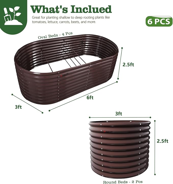 A ANLEOLIFE 6-Piece 30 Inch Extra Tall Galvanized Raised Garden Beds Kit, Large Oval & Round Metal Planters – Ideal for Backyard Vegetables Flowers Herbs, CaféBronze
