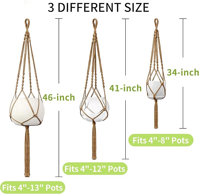 IDEEEPAN Macrame Plant Hanger - Fits 4 to 13 inches Pots for Indoor Outdoor, 34"/41"/46" 3 Sizes Set, Brown (POTS NOT Included)