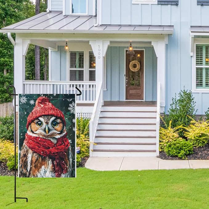 Owl with Red Scarf and Hat Snowflake Christmas Garden Flag, 28x40 Inch Double Sided Linen Holiday Red Winter Farmhouse Yard Outdoor Decoration (4333)