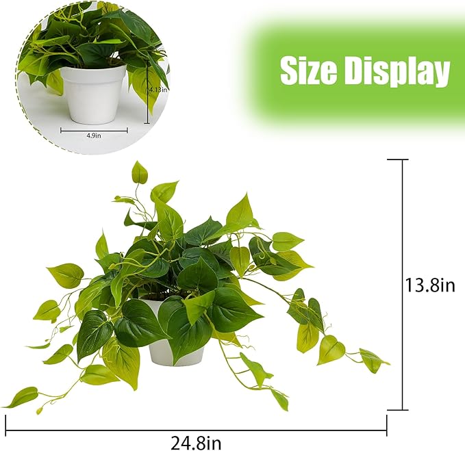 alyptus Fake Pothos Hanging Plants – 33" Set of 2 Faux Ivy Vines Realistic Silk Devil’s Ivy for Indoor Décor, Low Maintenance Artificial Greenery for Home Bathroom or Office - Green with White Pots