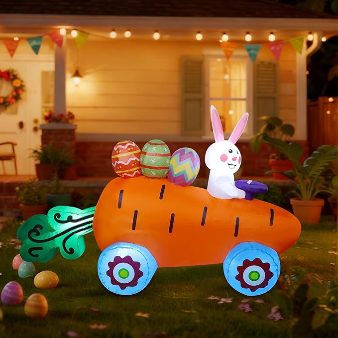 Easter Inflatables Outdoor Decorations, 6 FT Long Inflatable Bunny on Carrot Cart with Easter Eggs, Easter Blow up Yard Decorations for Indoor Outdoor Garden Lawn Holiday Party Decor