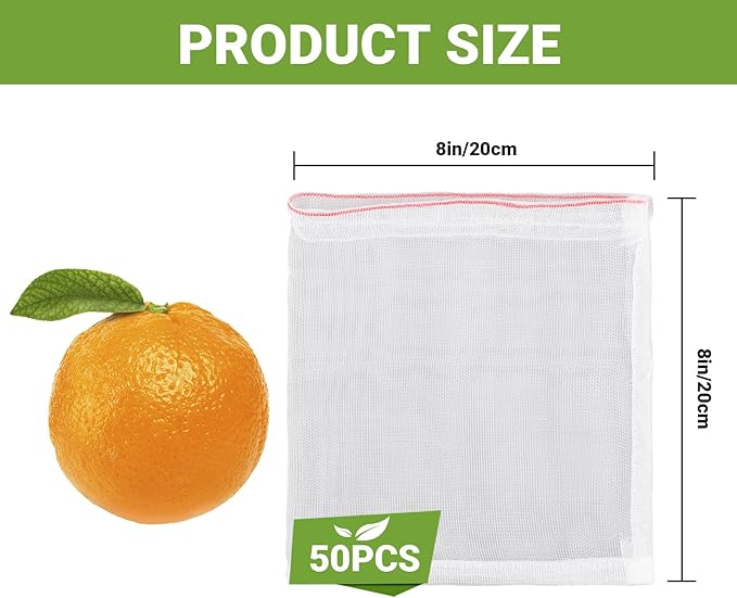 50pcs Fruit Netting Bags for Fruit Trees, 8x8 Inch Garden Mesh Bags to Protect Vegetables Flowers from Pest Birds Squirrels, Reusable Cover Mesh Protect with Drawstring