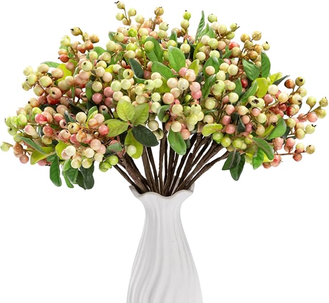 SHACOS Artificial Pink Berry Stems 20 PCS Fake Berries Branches Spray with Green Leaves 9.8 inch Small Berry Picks for Christmas Decorations Crafts Filler Holiday Home Decor, Pink