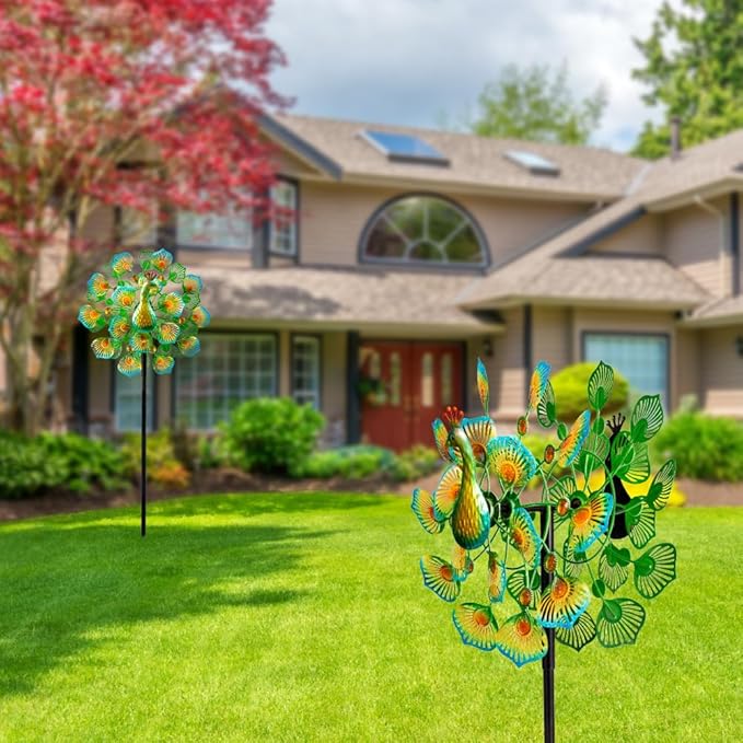 VEWOSTAR Peacock Wind Spinners Outdoor,13” Metal Wind Spinner Garden Pinwheels,360°Peacock Wind Sculptures & Spinners,Kinetic Wind Spinners for Yard and Garden(13.8”W X 64.2”H)