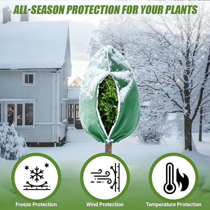 Clebay 6 Pack Plant Frost Protection Covers – Mixed Sizes 23.6x31.5, 31.5x47.2, 47.2x70.9 – Reusable Breathable Freeze Blankets with Drawstring for Winter Plant, Tree, Shrub, and Garden Protection