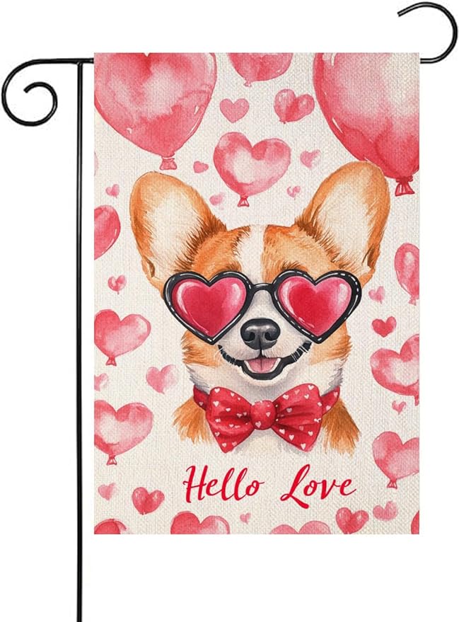 Valentine's Day Corgi Hello Love Garden Flag, House Yard Plaid Love Heart Outside Decoration, Spring Holiday Wedding Anniversary Outdoor Small Decor 12x18(12644)