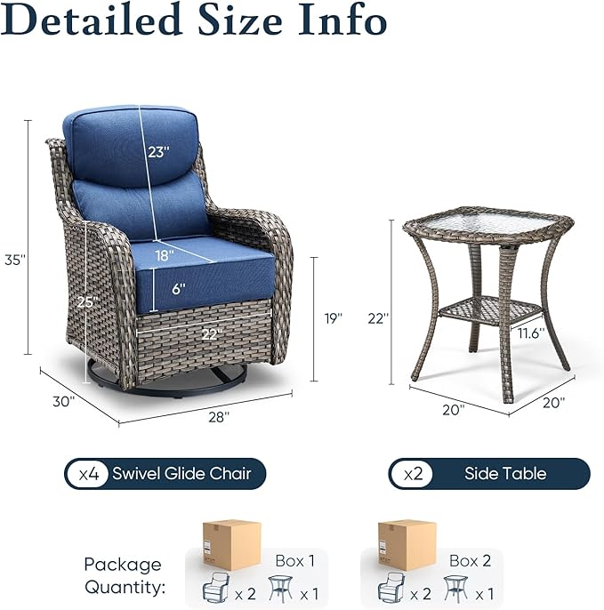 Belord Luxury 6" Thick Cushioned Outdoor Swivel Rocker Patio Chairs Set of 4 with Side Table, High Back Wicker Furniture Set with Ergonomic Zone Back, Conversation Set for Deck Porch - Brown+Grey
