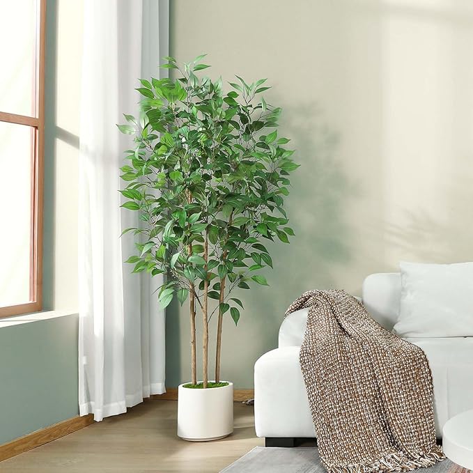 SOGUYI Ficus Artificial Tree 5ft Tall Fake Ficus Tree for Home Decor Indoor Faux Silk Ficus Plant Fake Floor Plant in White Imitation Ceramic Planter with Green Fake Moss, Set of 1