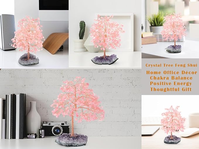 MASGEMES Gemstone Crystal Tree of Life,Natural Rose Quartz(406 Stones Count) with Amethyst Cluster Base,Chakra Positive Energy Feng Shui Decor Bonsai Money Tree,Birthday Gift 8.5''-9''