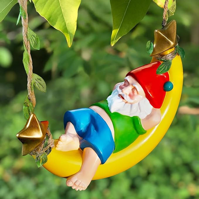 Easinine Hanging Gnome Statue Resin Moon Hammock Gnome Yard Decor for OutdoorHome Garden Decor Gifts for Mom Women and Man