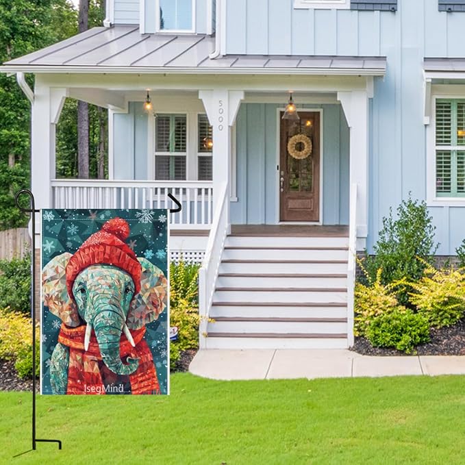 Elephant with Red Scarf and Hat Snowflake Christmas Garden Flag, 28x40 Inch Double Sided Linen Holiday Red Winter Farmhouse Yard Outdoor Decoration (4325)