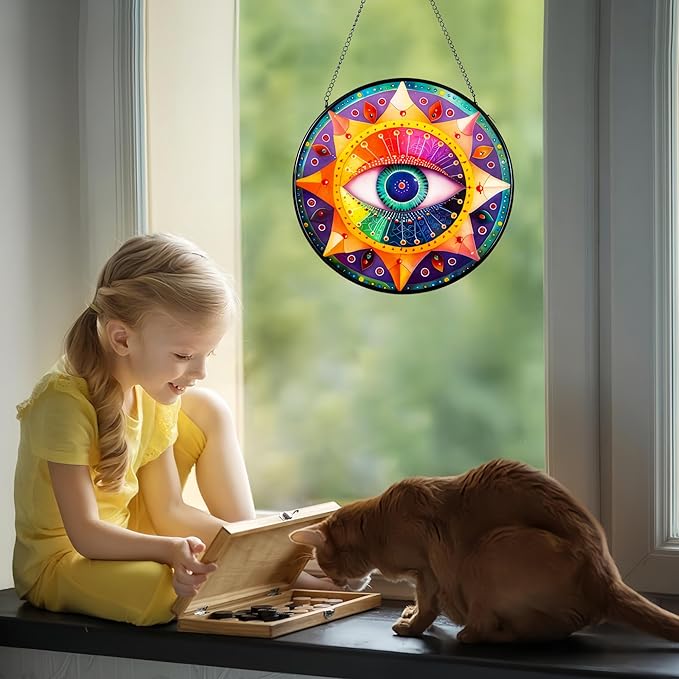 7.8'' Evil Eye Stained Glass Suncatcher,Stained Glass Window Hanging,for Indoor Outdoor Decor,for Women/Friends/Lover