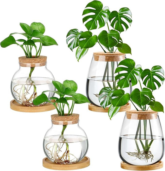 Layhit 4 Pcs Plants Propagation Stations vases Glass Planters with Wooden Lid and Bamboo Stand for Hydroponic Plants Gardening Gifts for Women Mom Home Office Tabletop Decoration(Lovely Style)