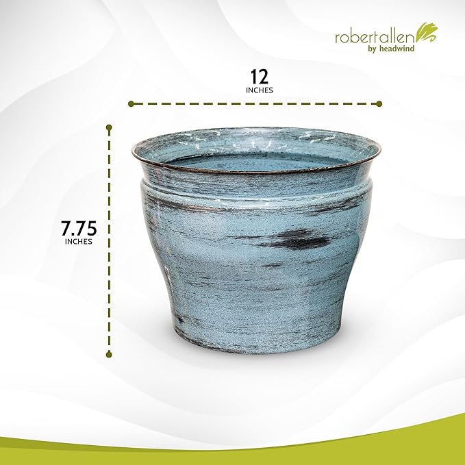 Headwind Glazed Ironstone Vanhorne Collection – 12" Azure Blue Decorative Plant Pot – Lightweight & Triple Coated w/Drainage Flower Pots for Indoor Plants & Outdoor Planter Use by Robert Allen