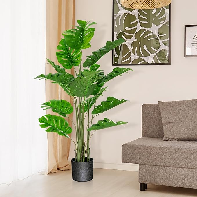5FT Fake Monstera Deliciosa Plants, Faux Monstera Plant w/15 Turtle Leaves, Cement-Filled Plastic Pot, 60 Inch Fake Plant for Indoor Home Office Living Room Decoration
