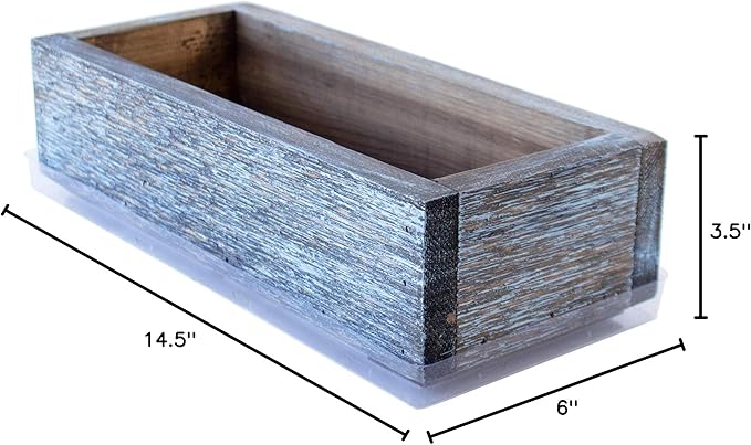 Reclaimed Barnwood Style Planter Box - Aged Brown - Weathered Rustic Look - Flower, Herb & House Plant Garden Barn Wood Planter with Drip Tray