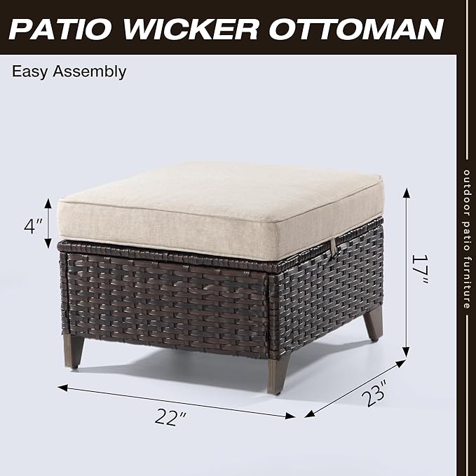 Joyside Patio Ottoman Set of 2, All Weather Outdoor Rattan Ottomans Patio Footstools with Removable Cushions for Garden Backyard Porch (Blue)