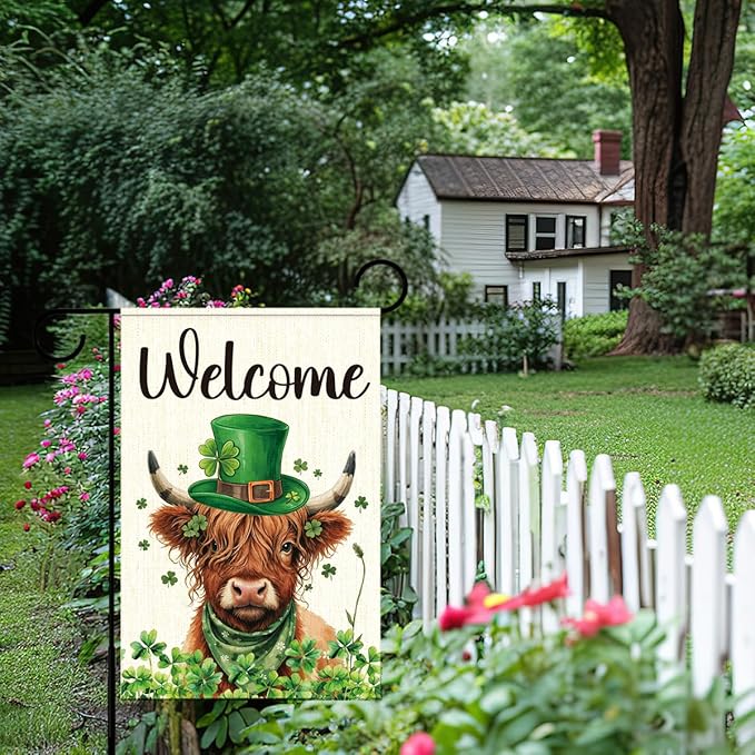 St Patricks Day Welcome Garden Flag 12x18 Inch Double Sided,Shamrocks Cow with Green Hat Outdoor Irish Decor House Porch Flag for St Patrick's Day Party and Yard Decorations
