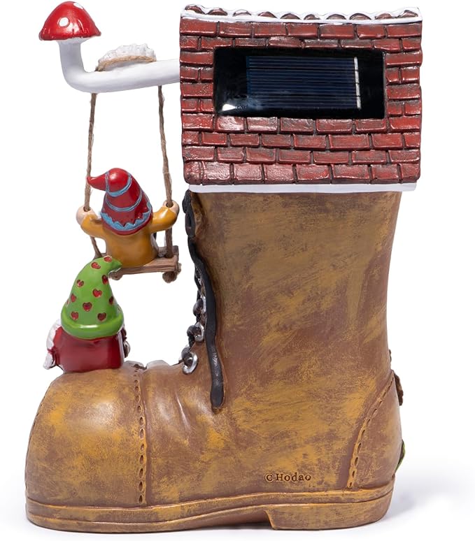 Hodao Spring Solar Gnomes Garden Decor - Whimsical Shoe House with Swinging Gnome, Hand-Painted Floral Base & Mushroom Swing for Porch, Yard, Flower Bed Garden Gifts for Women, Mom (Brown)
