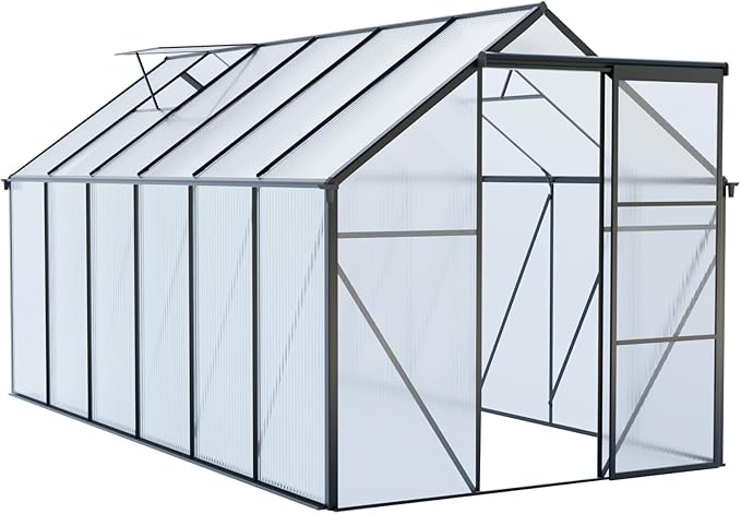 6×12 FT Black Polycarbonate Greenhouse for Outdoors with Heavy-Duty Aluminum Frame, Walk-in Green House Kit with Raised Base, Sliding Door & Adjustable Roof Vent, Large Outdoor Greenhouse