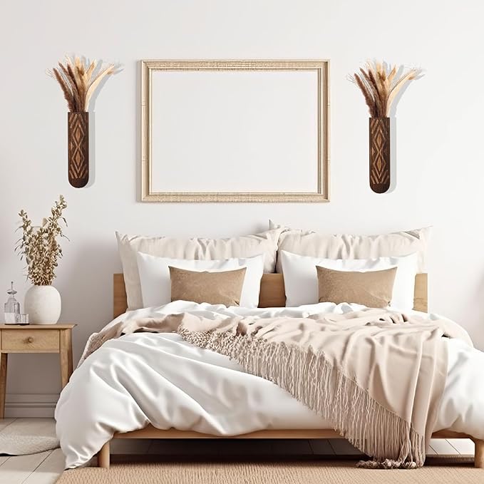 2 Pack Wooden Wall Planter Wooden Vase Set with Dried Reed Flowers Boho Wall Decor Indoor Farmhouse Decor for Entryways Hallways Bathrooms Living Rooms and Dining Rooms (Walnut Color)