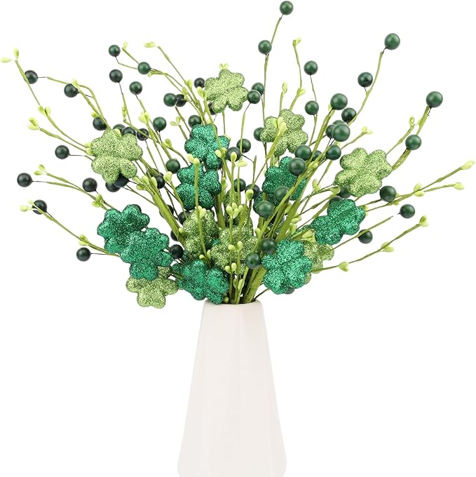 4Pcs St.Patrick's Day Shamrock Flowers Glitter Artificial Shamrock Picks with Lucky Clover Berries for St. Patrick's Day Decorations Centerpieces Home Decor
