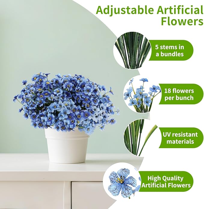 60 Pack Artificial Flowers Outdoor, Faux Silk Flowers for Outdoors Outside Front Porch Hanging Planter Window Box Garden Decoration(Blue)