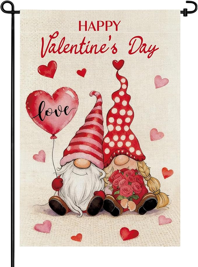 pretty_jessie Valentines Day Garden Flag 12x18 Inch Double Sided, Happy Valentine's Day Love Hearts Gnomes Burlap Yard Flag Anniversary Patio, Porch, Backyard Outdoor Decorations